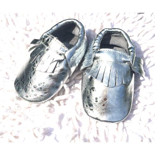 Baby Leather Moccs Silver 0-6mths